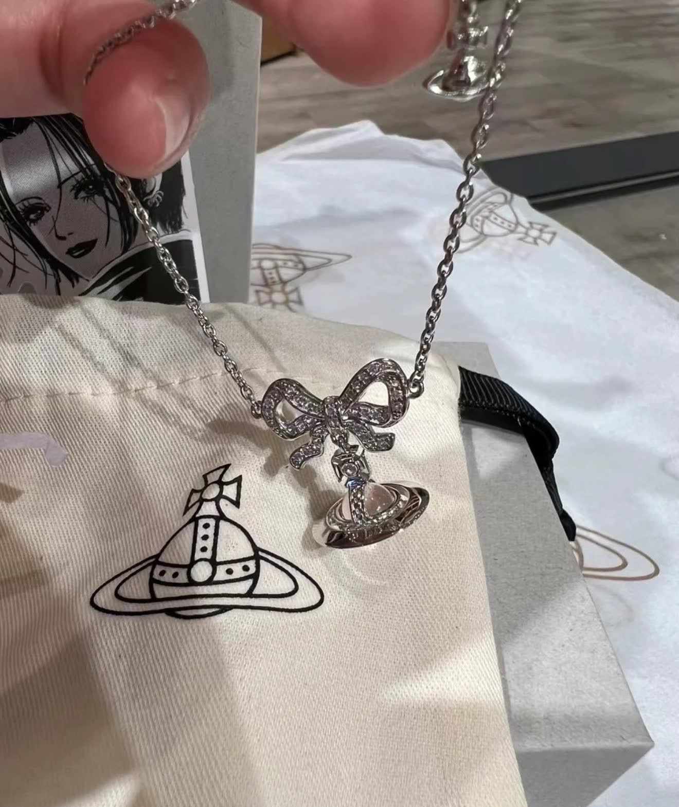 Vivienne Westwood Silver Tone Crystal & Rainbow Moonstone Necklace